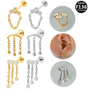 <b>Titanium</b> <b>Chain</b> Cartilage Stud With Crystal Heart Design For Ear Piercing Unisex Jewelry ASTM F136 - Product Image 1