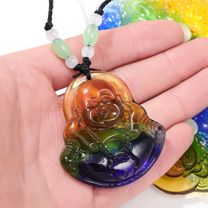 Pendentif Bouddha Maitreya en verre obsidienne, collier en verre coloré, bijoux bouddhistes, accessoire cadeau unisexe - Product Image 3