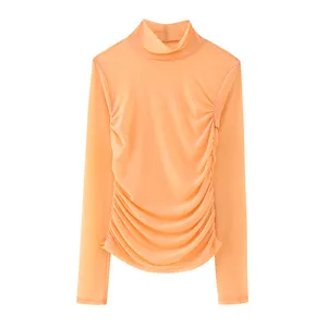 Stand collar long sleeve side pleated orange color 2023 design casual blouses and tops for women