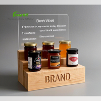 Présentoir d'étape en bois à 3 niveaux de haute qualité avec panneau arrière en acrylique pour pot de confiture gravé avec logo de marque