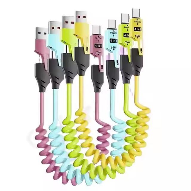 Custom Logo 27W PD 65W 3A Zinc Alloy Spring Cable 4-in-1 Charging Retractable USB A/C Cable for Printers Trending Product