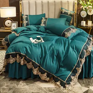 Tùy Chỉnh Chất Lượng Cao Tùy Chỉnh Sang Trọng Thêu Giường Váy Đặt Nhà Chất Lượng Cao Polyester Vải Giường Váy Bộ Đồ Giường Bộ Chăn Đặt