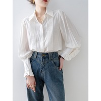 Nouvelle Collection Printemps 2026 – Blouse Blanche Plissée en Gros pour Femme, Manches Ballon, Boutons Perle, Style Chic Français, Élégante et Décontractée, Manches Longues