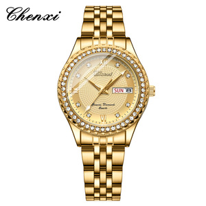 CHENXI 8215 Montre <span class=keywords><strong>Couple</strong></span> Double Calendrier Lumineuse Or Diamant Bracelet Acier Inoxydable Quartz Vente Chaude Transfrontalière - Product Image 6
