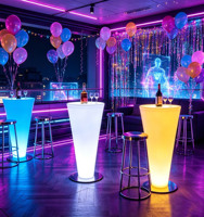 Table de bar commerciale ronde moderne en plastique avec éclairage LED, non pliable, pour centre commercial, hôtel, maison, extérieur, loisirs, usage commercial