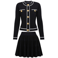 Cardigan élégant pour femmes Nouveau pull élastique tricoté à col rond et à manches longues Pull coupe ajustée à simple boutonnage Ensemble mini-jupe plissée