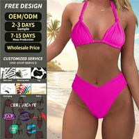 Bikini sexy micro triangle dos nu 2 pièces pour femme, maillot de bain taille haute découpée en V, tenue de plage, vente en gros, OEM, personnalisé, style russe