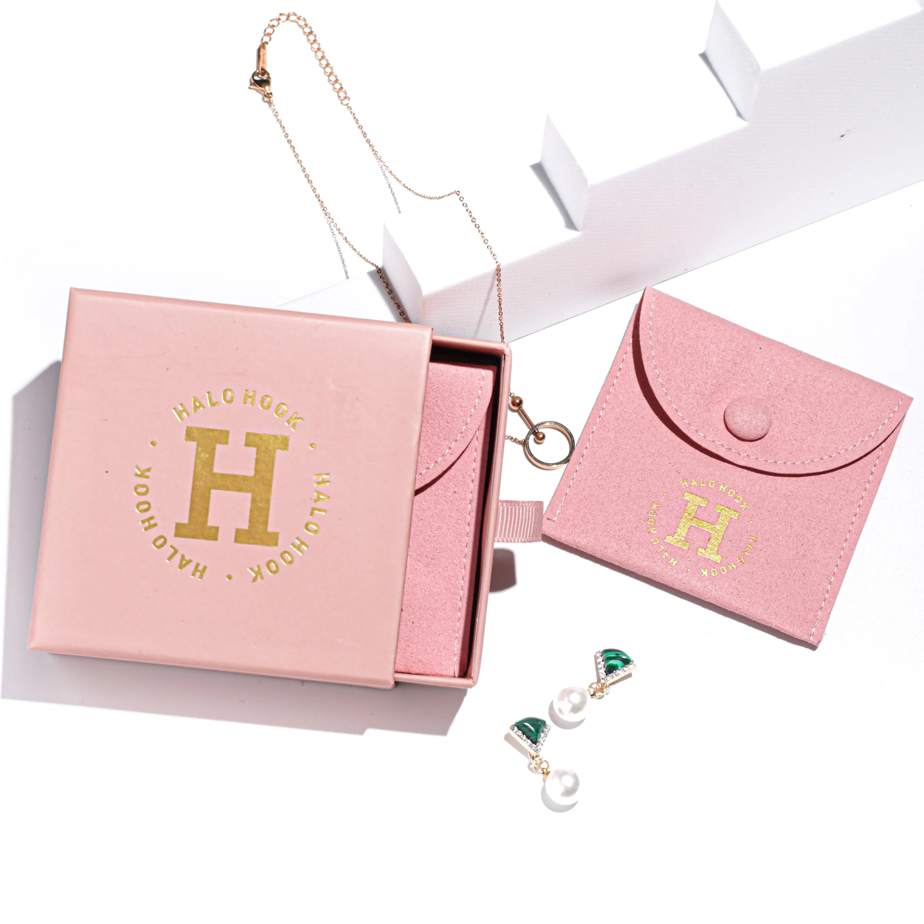 Bolsa de joyería con solapa, diseño personal, logo en relieve, con bonita caja de embalaje