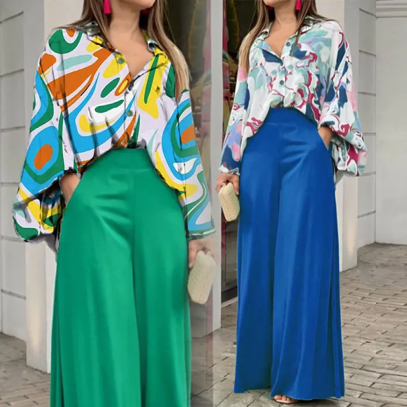 women's sets new ladies printed casual suit loose plus size shirt high waisted wide leg pants two piece set women clothing