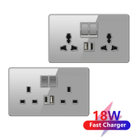 UK 13A Doublel prise électrique usb interrupteur d'éclairage mural, verre gris universel type-c 18W prise de courant à charge rapide intelligente