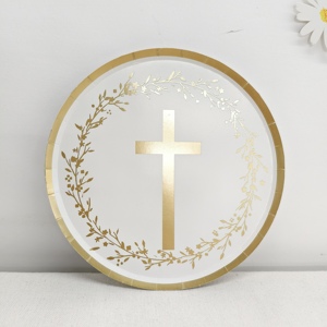 DAMAI - Artículos para Fiestas de Bautismo Cristianas, Cruz Dorada y Corona de Olivos, Platos Desechables, Platos de Papel, Vasos, Servilletas - Product Image 2