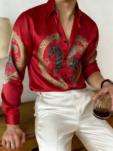 New Multi-color Orange Gold Horse Printed <strong>Men's</strong> Long Sleeved Single Breasted Casual <strong>Shirt</strong> with 3D Printed Satin <strong>Silk</strong> <strong>Shirt</strong> - Product Image 3