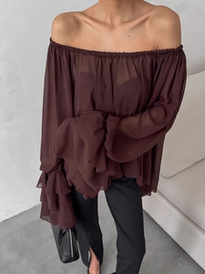 2025 autunno nuova camicetta in Chiffon sottile a maniche lunghe da <span class=keywords><strong>donna</strong></span> Sexy <span class=keywords><strong>marrone</strong></span> scuro con spalle scoperte tinta unita bottone Casual Vintage - Product Image 4