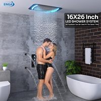 Système de douche noir mat Homedec avec pommeau de douche LED effet pluie, inverseur 3 voies, 4 jets latéraux, 2 poignées, en laiton et acier inoxydable, tête rectangulaire
