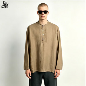 Custom Long Sleeve Stand up Collar <strong>Half</strong> <strong>Button</strong> up Flax Pullover Linen <strong>Shirt</strong> for Men - Product Image 3