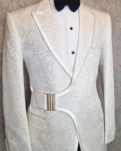 定制独特设计白色男士套装派对舞会修身燕尾服新郎碎花单胸夹克2 pcs婚纱套装