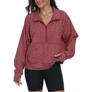 Sudadera de forro polar con media cremallera para mujer, estilo oversize con bolsillo canguro, ropa deportiva para uso diario - Product Image 1