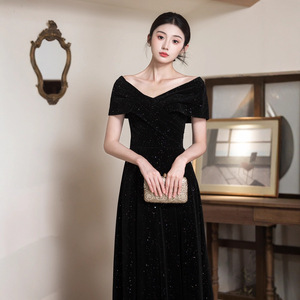 Off-The-Shoulder Black Evening Gown <b>A</b>-<b>Line</b> Glitter Sparkly <b>Dress</b> For Women Plus Size Formal Wear - Product Image 3