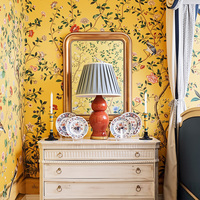 Murale murale personnalisable motif floral Art Déco jaune moutarde avec oiseaux, pivoines et moineaux pour chambre, villa, salon, café
