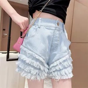 2023 Sommer Teenager Cute Girl Fashion Hellblaue Quaste Denim Shorts 4-15 Jahre