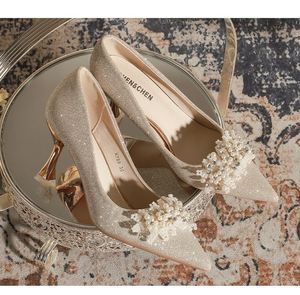 Chaussures de mariée champagne à bout pointu et talons hauts pour femme, assorties pour mariage Xiuhe - Product Image 3