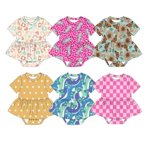 Hot Sale Custom Leopard Pattern Short Sleeves Baby Girls Leotard Newborn Skirted Romper