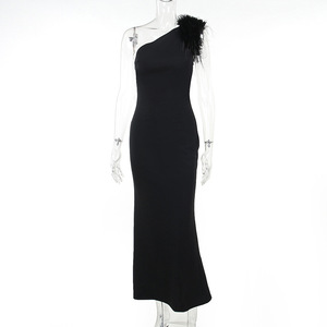 JY23639PF-Vestidos Midi elegantes con plumas de un hombro para mujer, <span class=keywords><strong>ropa</strong></span> de invierno para fiesta de noche, discoteca, Y2k - Product Image 6