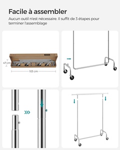 SONGMICS Rail à vêtements robuste avec rail de suspension extensible Porte-vêtements <span class=keywords><strong>sur</strong></span> roues Porte-manteau - Product Image 6