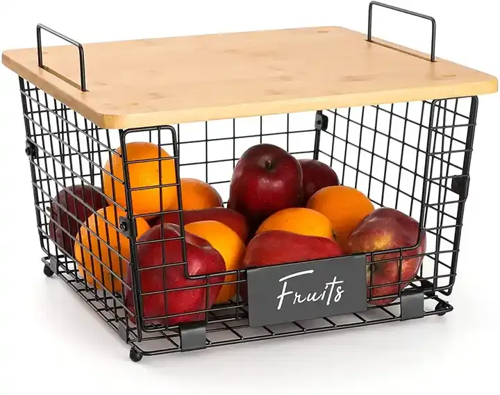 New Fruit Vegetable Counter Basket Pantry Cabinet Organization Storage Holder Metal Wire Basket with Bamboo Top