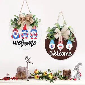 Ychon 4th of July Hanging Door Sign Independence Day Welcome Gnome Decorations Wood American Flag for Front Door Wall Decor