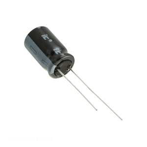 Condensador de Canal del Fabricante 477CKS035M, de Orificio Pasante, 470 uF, Aluminio, 470UF, 20%, 35V, Radial TH - Product Image 1