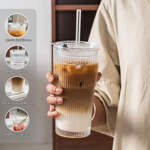 Vaso de Vidrio Transparente de 600 ml con Rayas, Ecológico, Apto para Lavavajillas, con Tapa Segura y Pajita para Beber Jugo, Leche, Té, Café Helado - Product Image 5