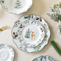 Service de table en céramique de Noël imprimé Forêt des Neiges, Bonhomme de Neige et Élan, compatible micro-ondes et lave-vaisselle, pour la table familiale