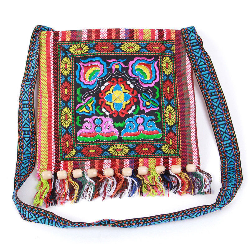 Borsa a tracolla con frange in tela borse a tracolla Boho Hippie a tracolla ricamate tribali etniche Vintage