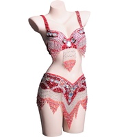 Costume de danse orientale sexy avec soutien-gorge orné de strass et ceinture, ensemble de spectacle de carnaval, jupe à franges pour femmes