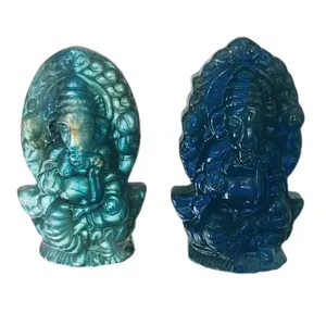 wholesale natural labradolite carved indian Ganesha sculpture blue light high quality Energy Crystals crafts for gift