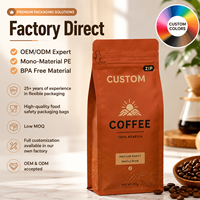 Sachet de café kraft haut de gamme, design personnalisé, 16oz 500g, scellé sur huit côtés, avec valve, pour fond de boîte, qualité alimentaire PE, spécialité