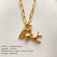 Pulsera de cadena de acero inoxidable chapada en oro de 14 quilates para mujer con colgante de letra A, corazón y golondrina, joyería Emanco