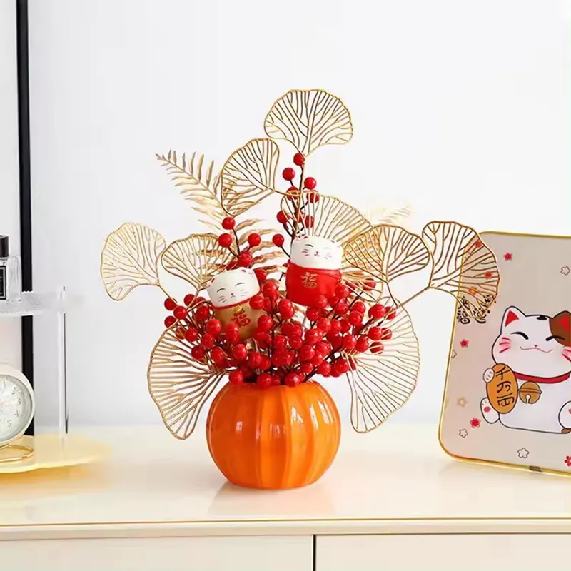 Vaso de cerâmica em forma de árvore frutífera, vaso de flores laranja-vermelho, acessório de inauguração de casa, presente de casamento, decoração festiva