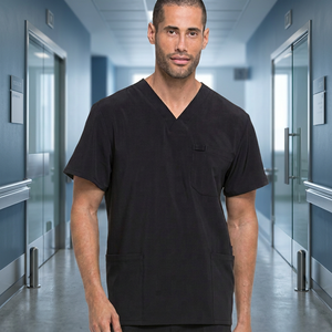Men's Black V-Neck Short Sleeve <b>Scrub</b> Top With Pockets Woven Cotton Polyester Hospital <b>Uniforms</b> - Product Image 3