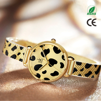 Jam Tangan Wanita Logo Kustom Quartz Motif Leopard Cow Print Dial Tali Mesh Stainless Steel Casing Ultra Tipis Bahan Alloy Jam Tangan Wanita