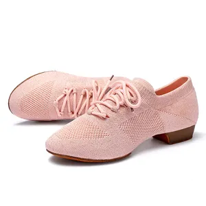 Pembe dokuma kumaş kadın caz dans ayakkabıları inek derisi taban toptan ayakkabı üreticisi dans ayakkabıları 861