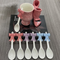 Mug en céramique avec nœud en relief 3D de style sucré, avec cuillère assortie à nœud, couleurs macaron pastel multiples, vaisselle et articles en céramique