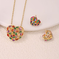 Ensemble de bijoux romantique en forme de cœur avec baguettes en CZ arc-en-ciel, plaqué or 18 carats, collier et boucles d'oreilles pour femmes, cadeau pour la Saint-Valentin, mariage ou fête
