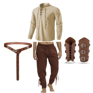 Ensemble de vêtements de cosplay pour homme sur le thème de la Renaissance pour Halloween, <span class=keywords><strong>4</strong></span> pièces, style médiéval, pantalon à bretelles, chemise et ceinture, accessoires de protection des poignets - Product Image 2