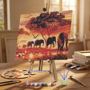 Kit <span class=keywords><strong>de</strong></span> Pintura por Números Personalizado con Paisaje Africano <span class=keywords><strong>de</strong></span> Elefantes, Estilo Americano, con Pinceles en Lienzo Enmarcado - Product Image 1