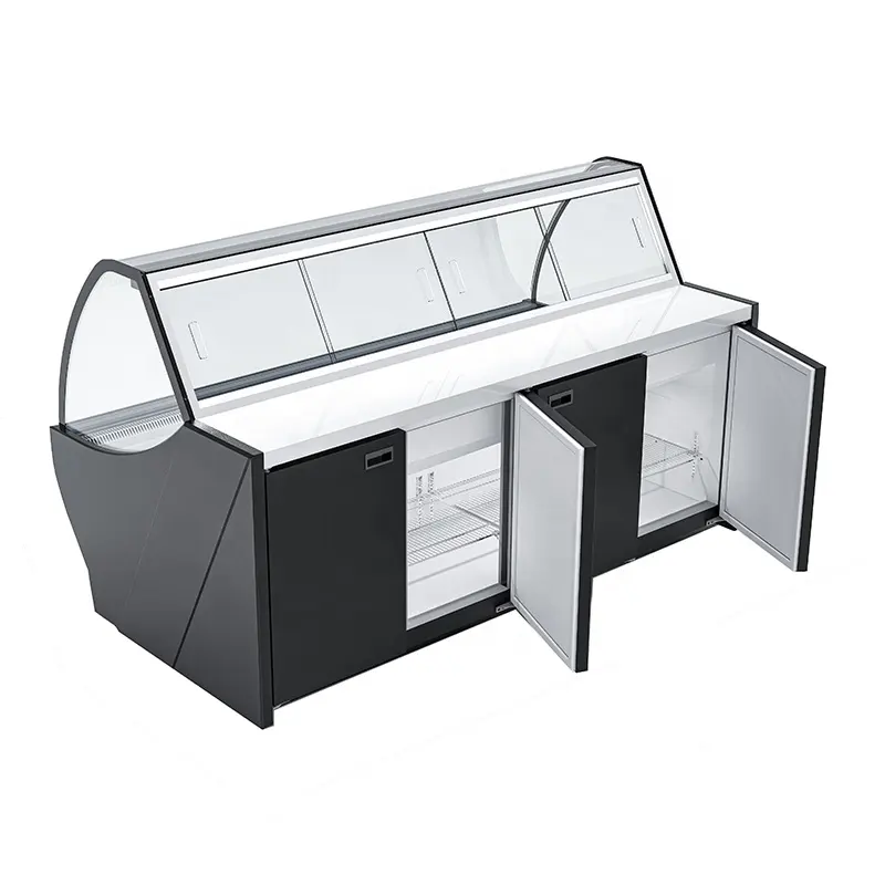 Supermarket Deli Display Cabinet Cooling Meat Cheese Show Cooler Curve Glass Table Top Fridge