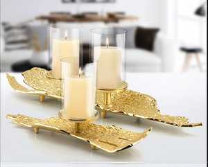 Luxury Metal Leaf <b>Candle</b> Holder Set with Glass Cylinder <b>Hurricane</b> <b>Candle</b> Stand for Table Centerpiece and Home Decor - Product Image 5