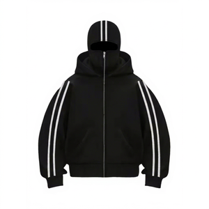 Mens Black Zip Up <b>Hoodie</b> Full Face Cover Balaclava <b>White</b> Striped Sleeve Oversized Streetwear Hooded Jacket Y2K Hip Hop <b>Hoodie</b> - Product Image 1