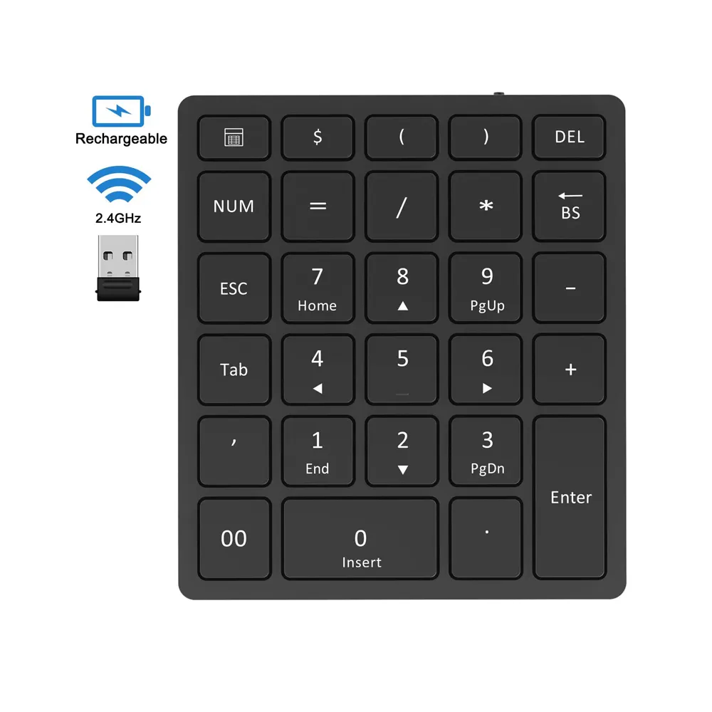 28 keys Rechargeable Ultra Slim 2.4 GHz Wireless Number Numeric Keypad Keyboard with Extensions 10 Key for Laptop PC